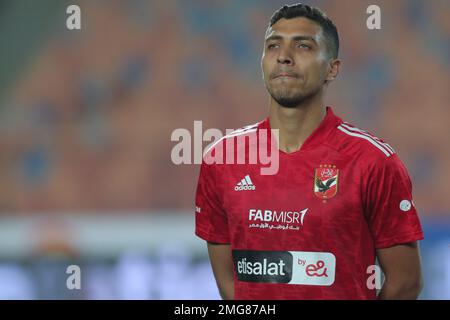 EGYPT, CAIRO, 24 January 2023 - Mohamed Sherif of Al Ahly SC looks on during the Egypt Premier League match between Al Ahly SC and National Bank of Eg Stock Photo