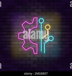 Connection, gear, internet neon vector icon on dark wall background. Neon Connection, gear, internet vector icon Stock Vector