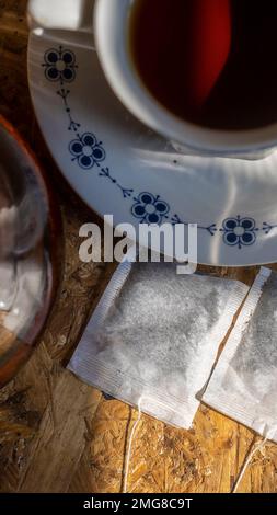 A cup of tea and teabag, top view Stock Photo