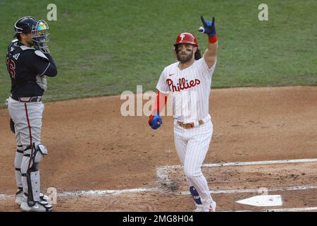 ATLANTA, GA – MAY 10: Atlanta catcher Travis d'Arnaud (16) reacts after  drawing a walk during the MLB game between the Boston Red Sox and the  Atlanta Braves on May 10th, 2023