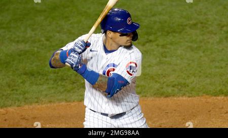 Chicago Cubs Addison Russell makes a catch on a pop up off the bat of St.  Louis Cardinals Magneuris Sierra while Javier Baez waits as a backup in the  sixth inning at