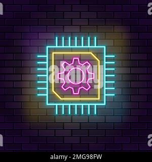 Chip, cpu, hardware neon vector icon on dark wall background. Neon Chip, cpu, hardware vector icon Stock Vector