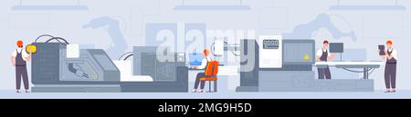 Conveyor production manufacturing line and workers vector icons. Black ...