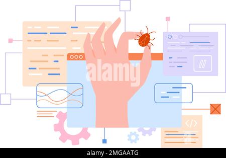 Hand bug fixing. Technical programmer fix leak information or software bugs, computer operator clean malware virus systemic application, testing program error vector illustration of software bug Stock Vector