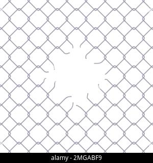 Broken grid fence. Ripped metal netting enclosures, break chain link net jail, cut hole in mesh fencing curved wire bars freedom border prison steel cage, neat vector illustration Stock Vector