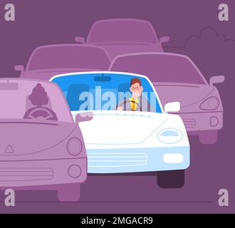 Driver traffic jam. Drivers wait in stuck car of city congestion, slow driving movement problems on highway or street lane crowded road chaos concept, splendid vector illustration of traffic road Stock Vector