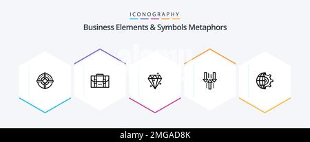 Business Elements And Symbols Metaphors 25 Line icon pack including gear. upload. diamound. up. arrow Stock Vector