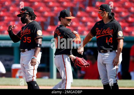 Baltimore Orioles' Dwight Smith Jr., right, is congratulated by