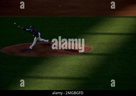 Kansas City Royals pitcher Brady Singer delivers to a Minnesota Twins  batter during the first inning of a baseball game in Kansas City, Mo.,  Friday, July 28, 2023. (AP Photo/Colin E. Braley