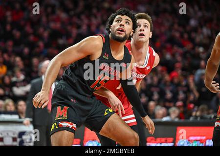 College Park, MD, USA. 25th Jan, 2023. Maryland Terrapins forward Patrick Emilien (15) moves into rebounding position during the NCAA basketball game between the Wisconsin Badgers and the Maryland Terrapins at Xfinity Center in College Park, MD. Reggie Hildred/CSM/Alamy Live News Stock Photo