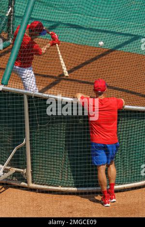 Philadelphia Phillies catcher J.T. Realmuto takes part in a drill during a  spring training baseball workout Friday, Feb. 17, 2023, in Clearwater, Fla.  (AP Photo/David J. Phillip Stock Photo - Alamy