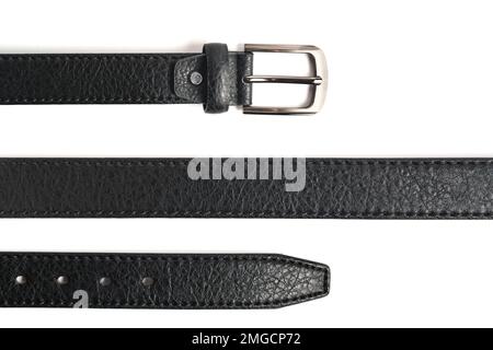 Parts black leather belt on white background, isolate Stock Photo