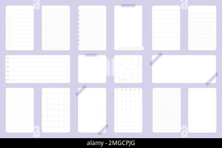 Sheet notepad sticker planner list purple flat set. Vertical horizontal page torn off notebook spiral pad notebook sticker to do list time planner sequence organization diary cute schedule isolated Stock Vector