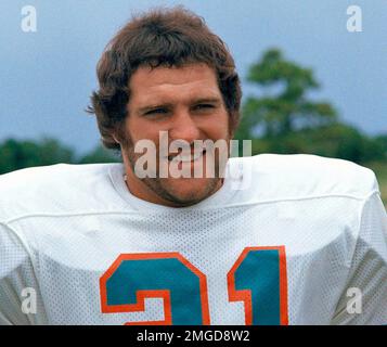 FILE - Former Miami Dolphins 1972 players Bob Griese (12) and Earl Morrall  (15) enjoy a half time celebration honoring the 1972 undefeated team at an  NFL football game against the Jacksonville