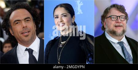 FILE - This three photo combo shows Director Alejandro González Iñárritu at the awards ceremony at the 63rd international film festival, in Cannes, southern France, Sunday, May 23, 2010, left, actress Salma Hayek during a photocall at the 70th International Film Festival, Berlinale, in Berlin, Germany, Wednesday, Feb. 26, 2020, center, and Director Guillermo Del Toro during the 17th Marrakech International Film Festival, in Marrakech, Morocco, Saturday, Dec.8, 2018. Del Toro and González Iñárritu joined Hayek on Thursday, June 11, 2020, to set up a fund to help support movie industry workers o