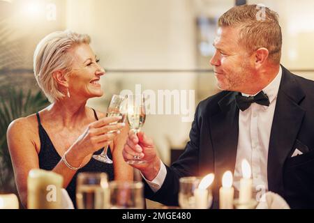 Success, senior friends or toast in a party to celebrate goals, achievement or new year at luxury event. Motivation, mature or happy people cheers Stock Photo