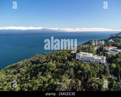 Aerial View of Livadia Palace - located on the shores of the Black Sea in the village of Livadia in the Yalta region of Crimea. Livadia Palace was a Stock Photo
