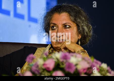 Kolkata, India. 25th Jan, 2023. Indian author Geetanjali Shree listens to the speech of American translator Daisy Rockwell during their session titled as “Tomb of Sand”, on the fifth day of Tata Steel Kolkata Literary Meet 2023, in Kolkata on January 25, 2023. (Photo by Sankhadeep Banerjee/NurPhoto) Credit: NurPhoto SRL/Alamy Live News Stock Photo