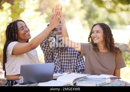 Friends, students and teamwork high five at park for unity, solidarity and team building. Collaboration, university goals or group, black man and Stock Photo