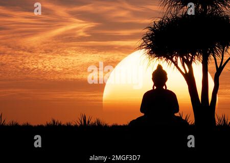 Buddhist Holiday Magha Puja, Asanha Puja, Visakha Puja Day Concept. Buddha Sitting under Tree on Golden Sunset Background extreme closeup. 3d Renderin Stock Photo