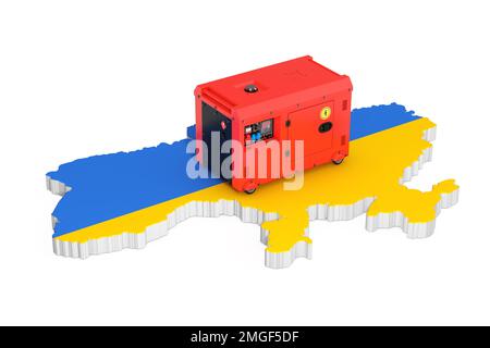 Big Red Outside Auxiliary Electric Power Generator Diesel Unit for Emergency Use over Ukrainian Map on a white background. 3d Rendering Stock Photo