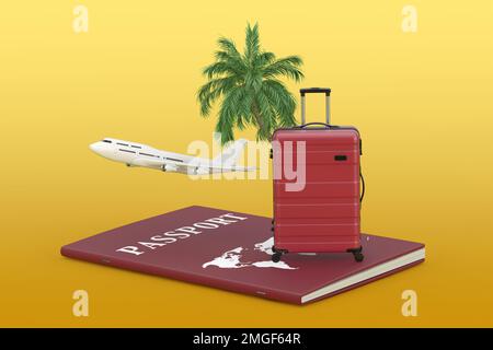 Travel Holiday Vacation Concept. Modern Luxury Plastic Gray Suitcase, Palm Tree, Passport and Airplane on a yellow background. 3d Rendering Stock Photo