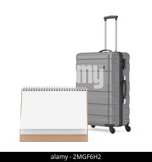 Travel Holiday Vacation Concept. Modern Luxury Plastic Gray Suitcases with Blank Paper Desk Spiral Calendar on a white background. 3d Rendering Stock Photo