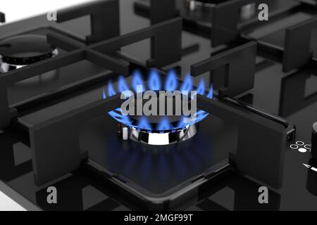 Flame of Methane Gas with Black Modern Kitchen Gas Stove extreme closeup. 3d Rendering Stock Photo