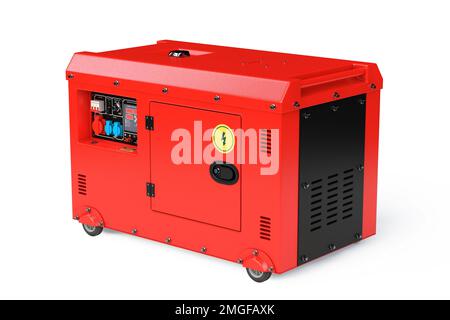 Big Red Outside Auxiliary Electric Power Generator Diesel Unit for Emergency Use on a white background. 3d Rendering Stock Photo