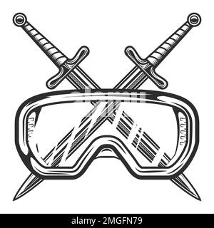 Crossed swords with new construction safety glasses vintage concept illustration isolated on white background Stock Photo