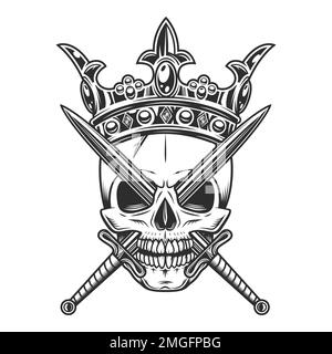 Skull in crown king with crossed swords isolated illustration on white background. Vintage crowning, elegant queen or king crowns, royal imperial Stock Photo