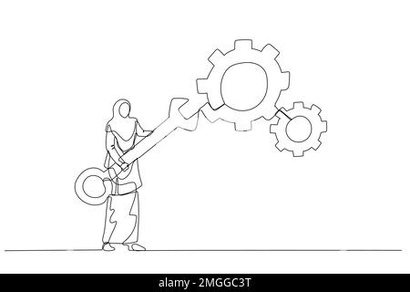 Illustration of muslim businesswoman holding wrench to adjust gear cogwheels setting concept of adjustment Stock Vector