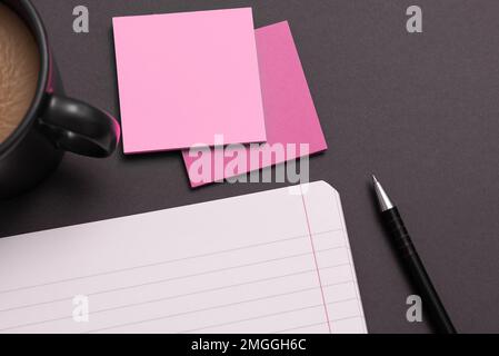 Notebook and Colored Papers Stickers Lying On White Desk. Multiple Assorted Collection Office Stationery. Photo With Pens Pencils Rullers Keyboards. Stock Photo