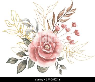 Greenery, golden florals and red peony bouquet illustration, Watercolor Eucalyptus clip art, Gray Foliage clipart, Green leaves, Florals wedding invit Stock Photo