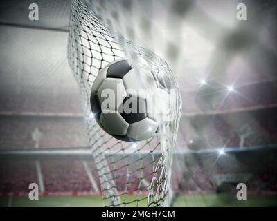 Soccer ball on the net. Soccer goal. 3D illustration. Stock Photo