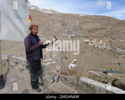 Spiti, Himachal Pradesh, India - April 1st, 2021 : Photo of a Vlogger in Upper Himalayas, Local Traditional House. Stock Photo