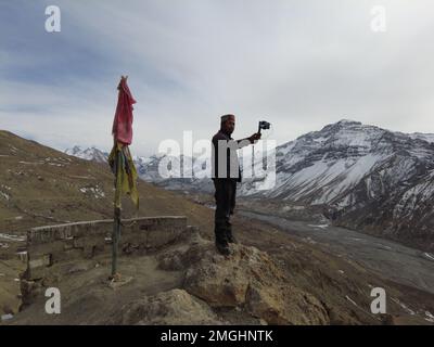 Spiti, Himachal Pradesh, India - April 1st, 2021 : Photo of a Vlogger in Upper Himalayas, Local Traditional House. Stock Photo