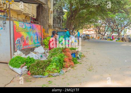 Puttaparthi, Andra Pradesh - India - January 21.2023: A man selling fresh herbals at a local Indian market Stock Photo