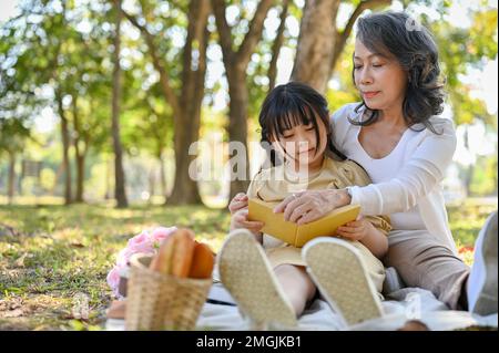 Happy Asian grandmother telling story, reading fairly tales to her cute granddaughter while picnicking and relaxing in the beautiful park. Stock Photo