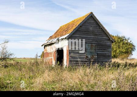 old rustic wooden farm shed, agriculture fields on Salisbury plain Stock Photo
