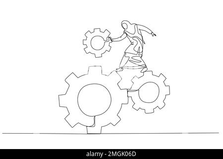 Drawing of muslim businesswoman standing on series of gear. Metaphor for organizing team Stock Vector