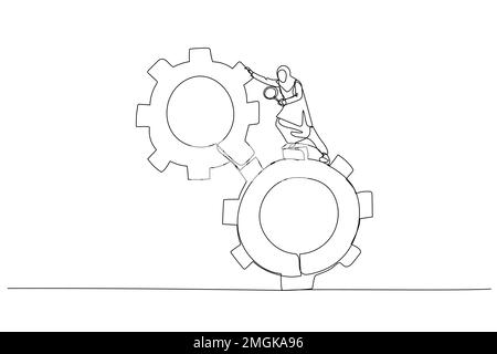 Cartoon of muslim businesswoman leader use magnifying glass analyze cog wheels problem concept problem fix Stock Vector