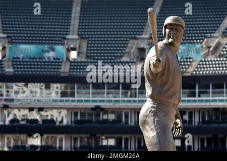 A statue of former Cleveland Indians Jim Thome stands in an empty