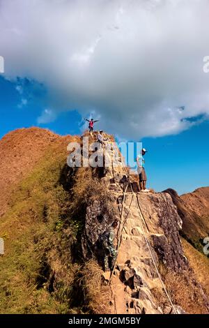 Climbing up the knife-edge ridge on Khao Chang Phueak, Thong Pha Phum ...