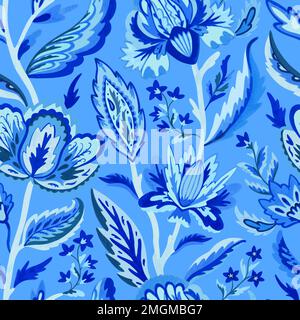 Blue paisley ornamental seamless pattern in indian style. Ornate decorative floral motif. Vector illustration Stock Vector