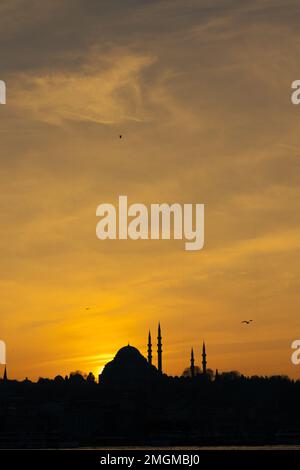Suleymaniye Mosque at sunset vertical photo. Ramadan or islamic concept photo. Silhouette of Suleymaniye Mosque in Istanbul. Stock Photo