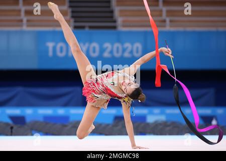 AUG 06, 2021 - Tokyo, Japan: Alexandra AGIURGIUCULESE of Italy performs at the ribbon of the Rhythmic Gymnastics Individual All-Around Qualification a Stock Photo