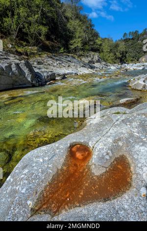 The Gardon de Mialet in the Cevennes. Wild river with clear waters - its bed is made up of granites with feldspar crystals in the shape of a horse's t Stock Photo