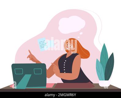 Happy relaxed person dreaming at work in office. Inspired creative employee resting and thinking, imagining smth in thought bubble and writing. Flat v Stock Photo