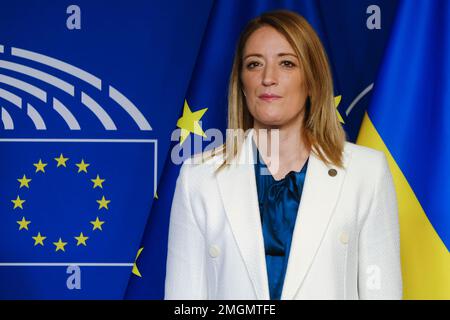 Brussels, Belgium. 26th Jan, 2023. European Parliament President Roberta Metsola welcomes President of the State of Israel Isaac Herzog at the European Parliament at the EU headquarters in Brussels, Belgium on January 26, 2023. Credit: ALEXANDROS MICHAILIDIS/Alamy Live News Stock Photo